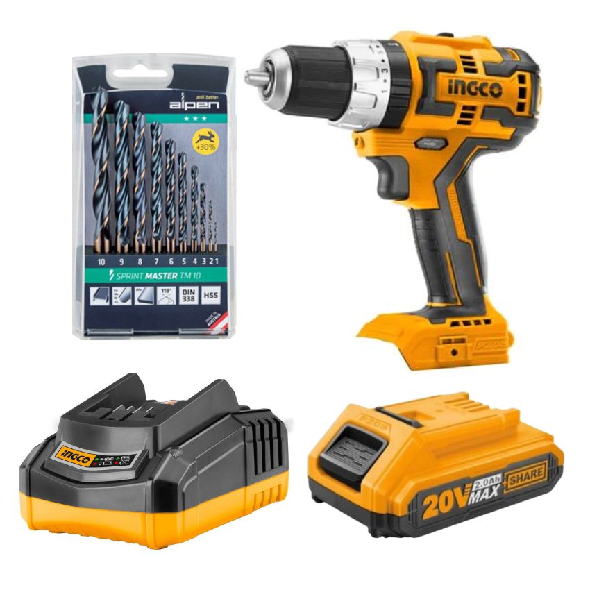 Ingco – Lithium Impact Drill, Charger, 2.0Ah Battery& 10 Pce Drill Bit Set