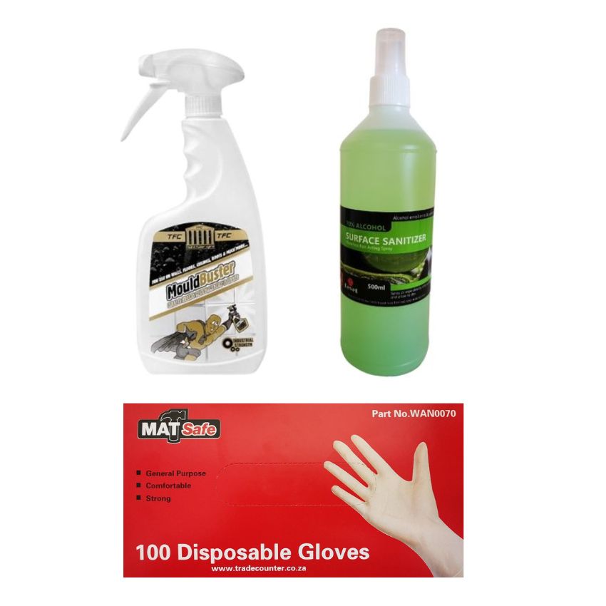 TFC – Mould Buster, Waterless Sanitizer (500ml) & Disposable Latex Gloves