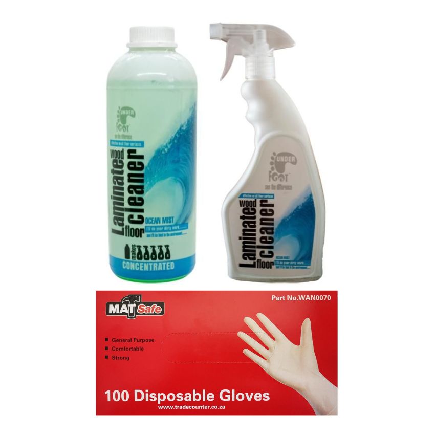 Under Foot – Laminate Wood Floor Cleaner – Ocean Mist 750ml+1L & Gloves