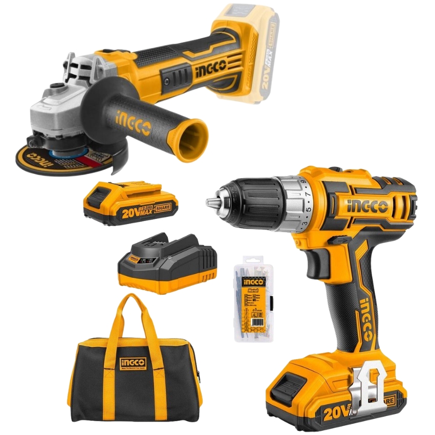 Ingco – Cordless Drill, Batteries, Charger, Bag with Cordless Angle Grinder