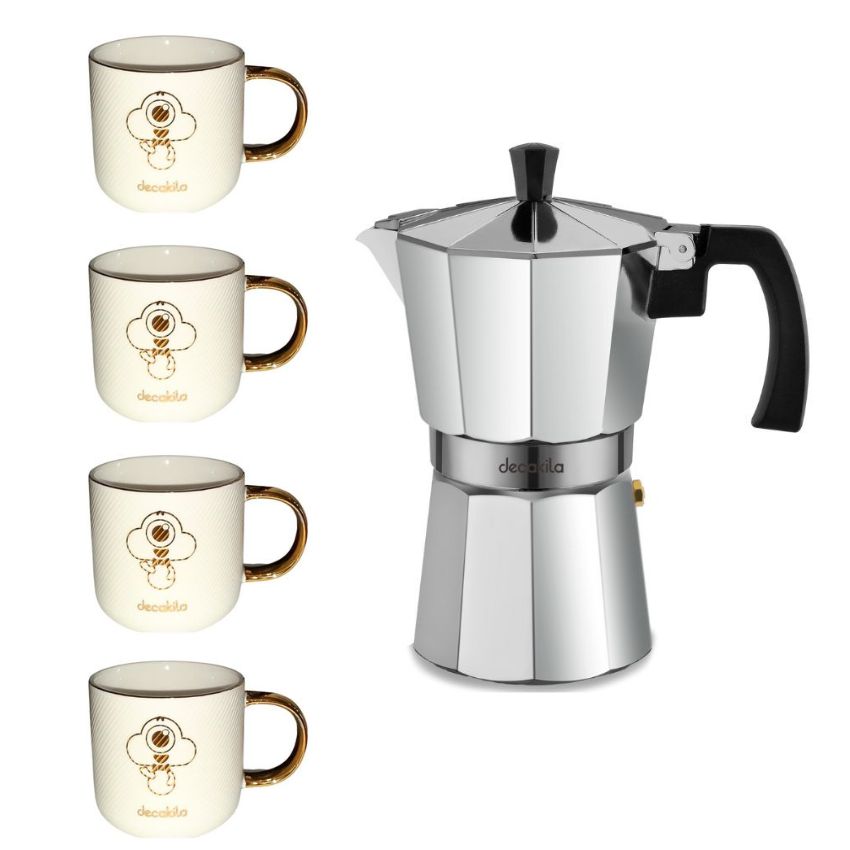 Decakila – Moka Espresso Pot- 6 Cups/300ml & Ceramic Mugs 330ml – Pack of 4