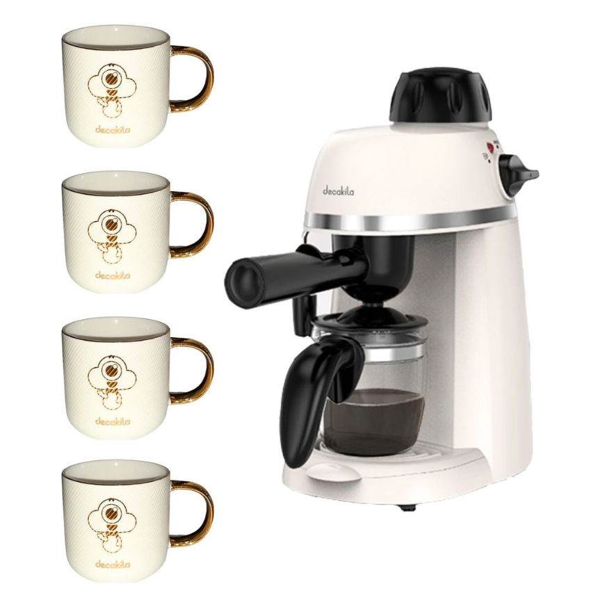 Decakila – Espresso Maker 0.24L (White) with Ceramic Mugs 330ml – Pack of 4