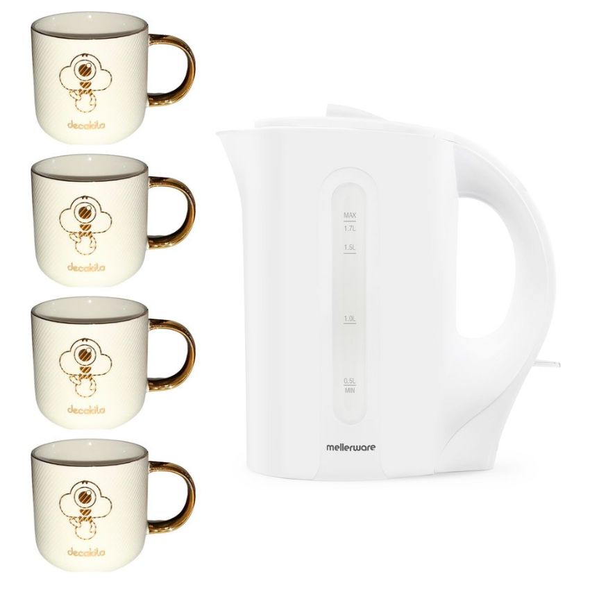 Mellerware- Tugela1.7L Corded Plastic Kettle & Ceramic Mugs 330ml-Pack of 4