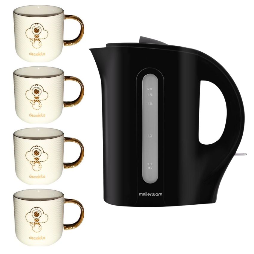Mellerware-Tugela 1.7L Corded Plastic Kettle & Ceramic Mugs 330ml-Pack of 4