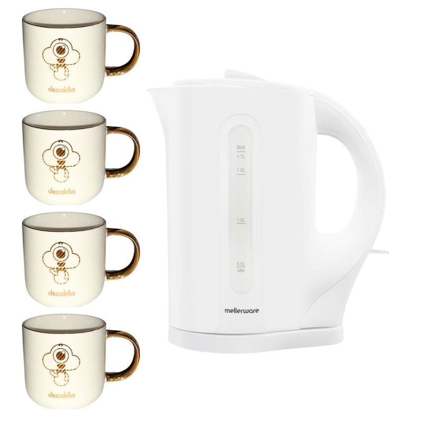 Mellerware -1.7L Cordless Plastic Kettle &Ceramic Mugs 330ml – Pack of 4