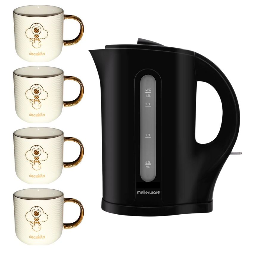 Mellerware – 1.7L Cordless Plastic Kettle & Ceramic Mugs 330ml – Pack of 4