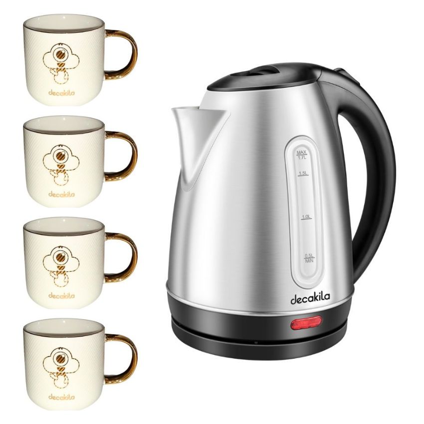 Decakila – Stainless Steel Kettle – 1.7L & Ceramic Mugs 330ml – Pack of 4