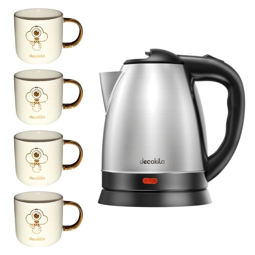 Decakila – Stainless Steel Kettle 1.5L & Ceramic Mugs 330ml – Pack of 4