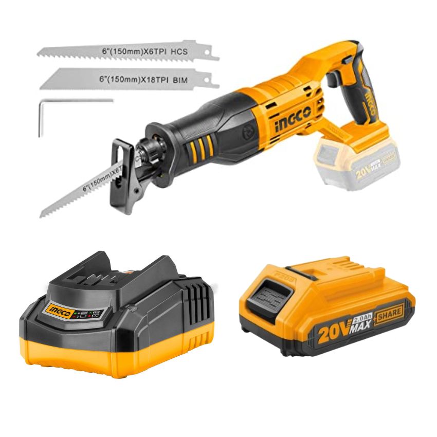Ingco -Cordless Lithium Ion Reciprocating Saw 20V, Charger & Battery(2.0Ah)