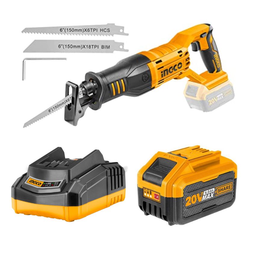 Ingco -Cordless Lithium Ion Reciprocating Saw 20V,Charger & Battery(6.0Ah)