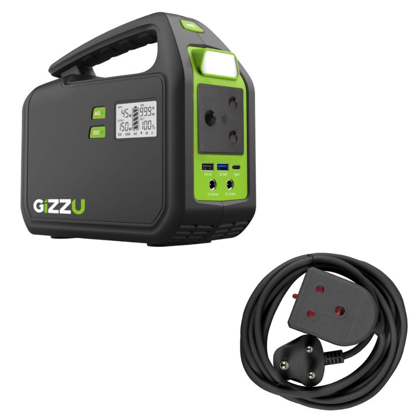 Gizzu – 242Wh Portable Power Station & 3m Heavy Duty Extension Lead (Black)