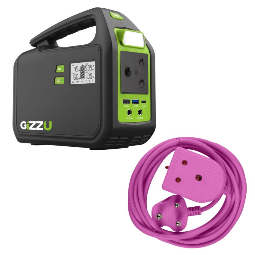 Gizzu – 242Wh Portable Power Station & 3m Heavy Duty Extension Lead (Pink)