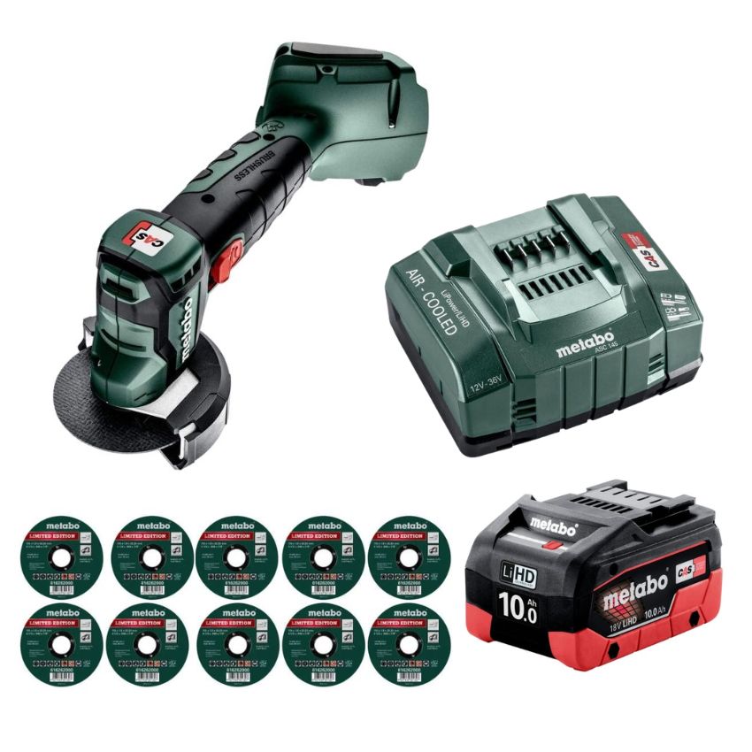 Metabo- Cordless Angle Grinder,10.0Ah Battery, Charger & Cutting Discs(x10)