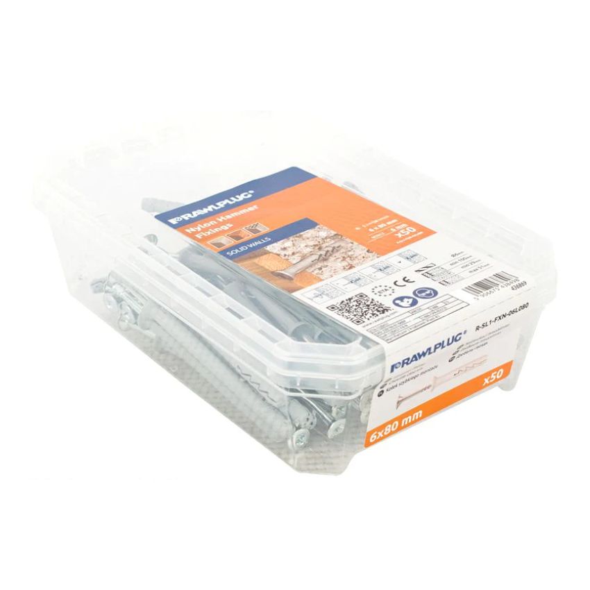RawlPlug – Nylon Hammer Fixings – 6x80mm – Solid Walls (50)