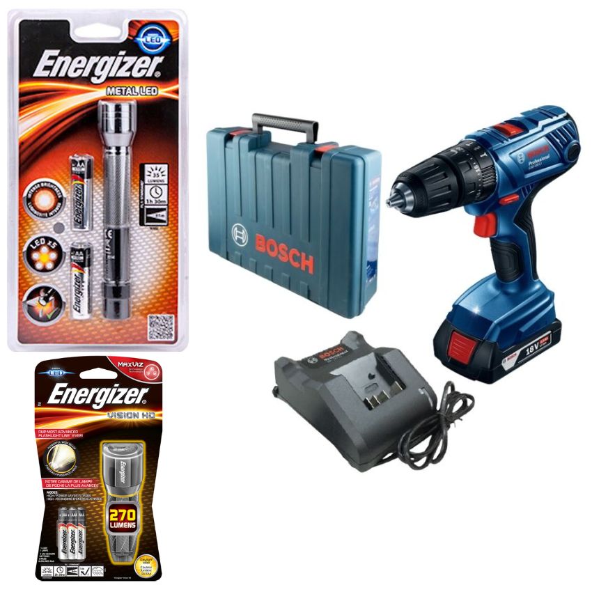 Bosch – 180-LI Cordless Combo Drill Kit 18V & Energizer LED Torches Combo