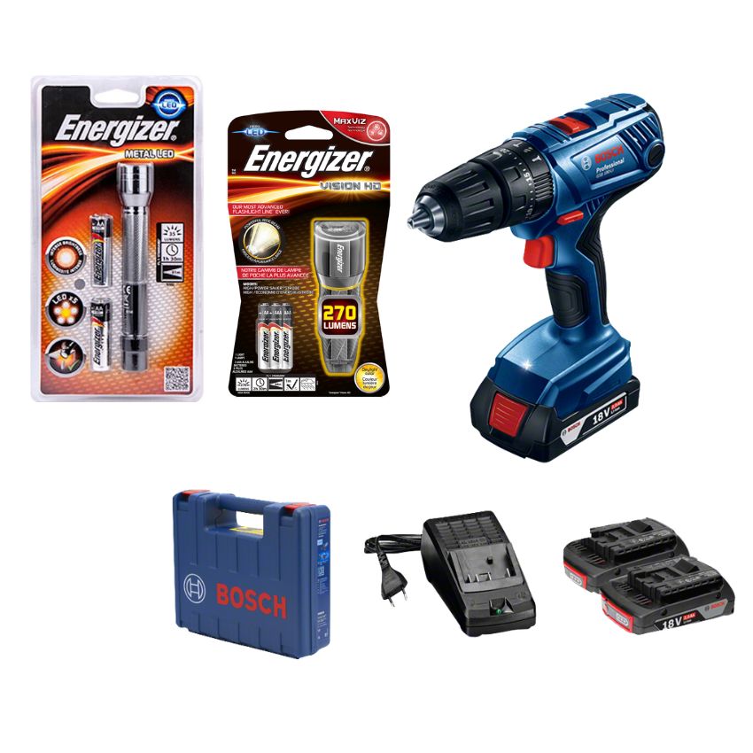 Bosch – GSB 180-LI Cordless 18V Impact Drill & Energizer LED Torches Combo