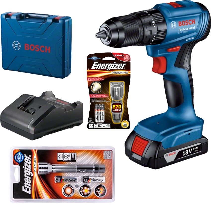 Bosch – Professional Cordless Drill (GSB 185-LI) & Energizer LED Torches