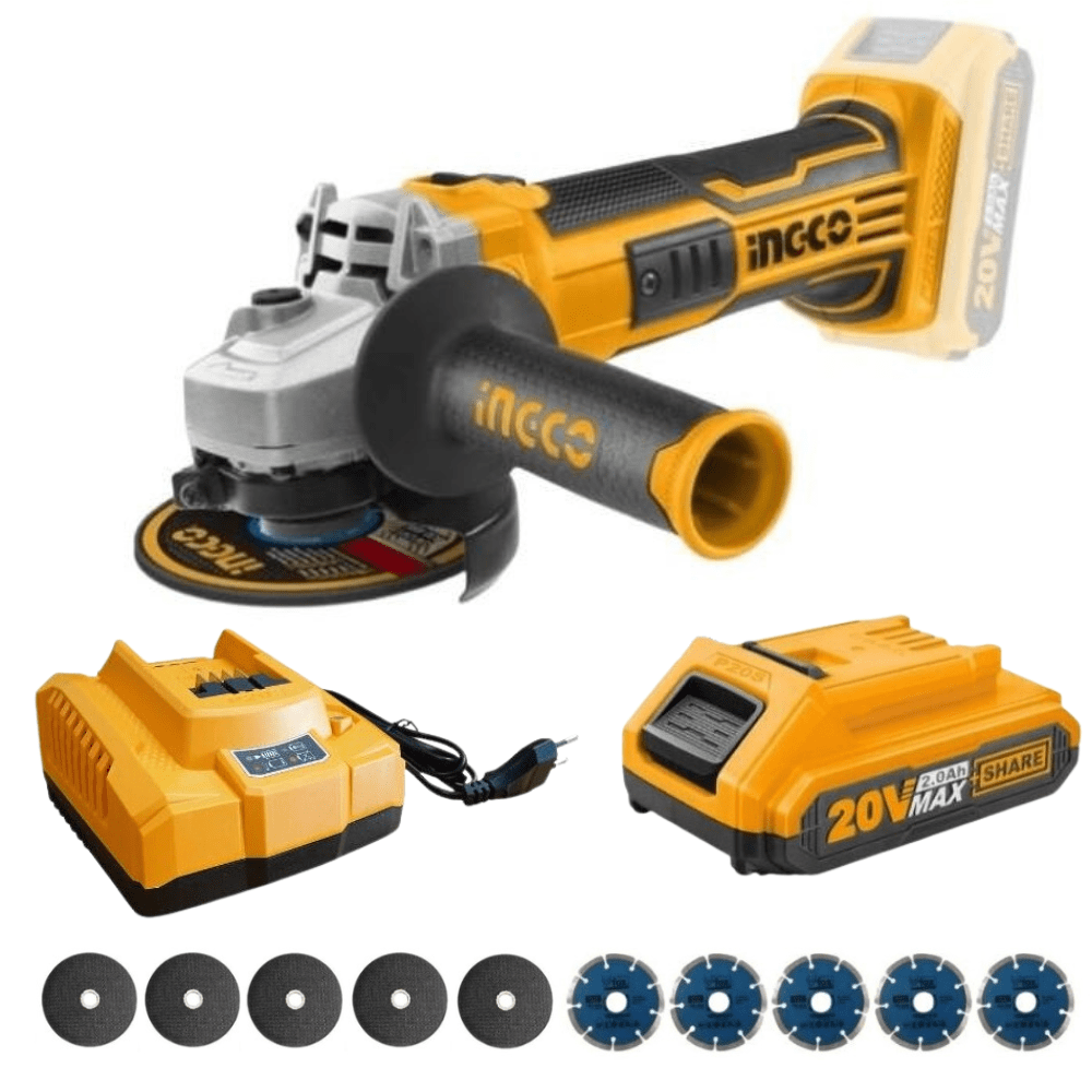 Ingco – Cordless Angle Grinder (20V) with Charger, Battery (2Ah) and Discs