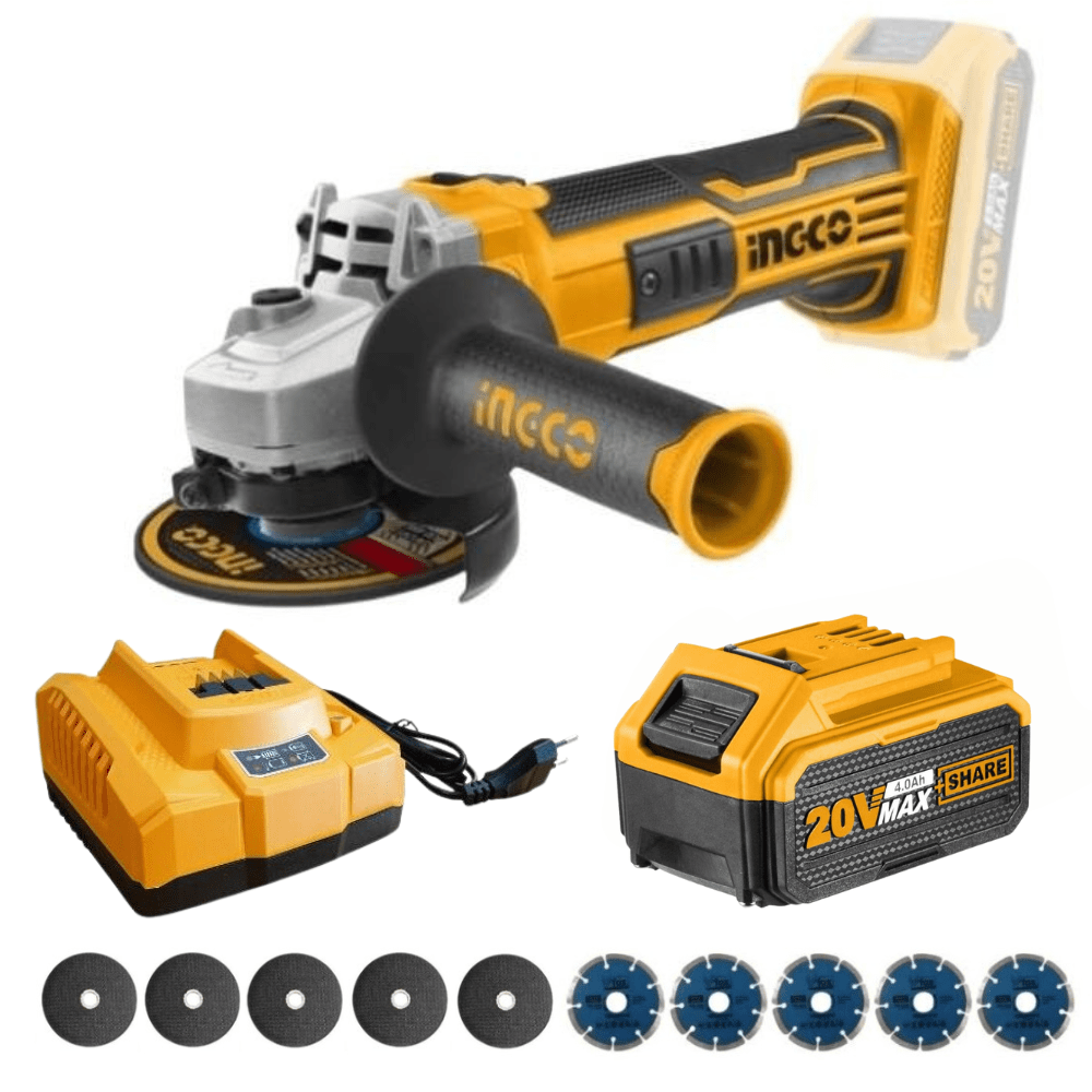 Ingco – Cordless Angle Grinder (20V) with Charger, Battery (4Ah) and Discs