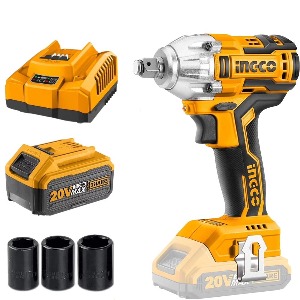 Ingco – Li-Ion Cordless Impact Wrench with Fast Charger and 5.0Ah Battery