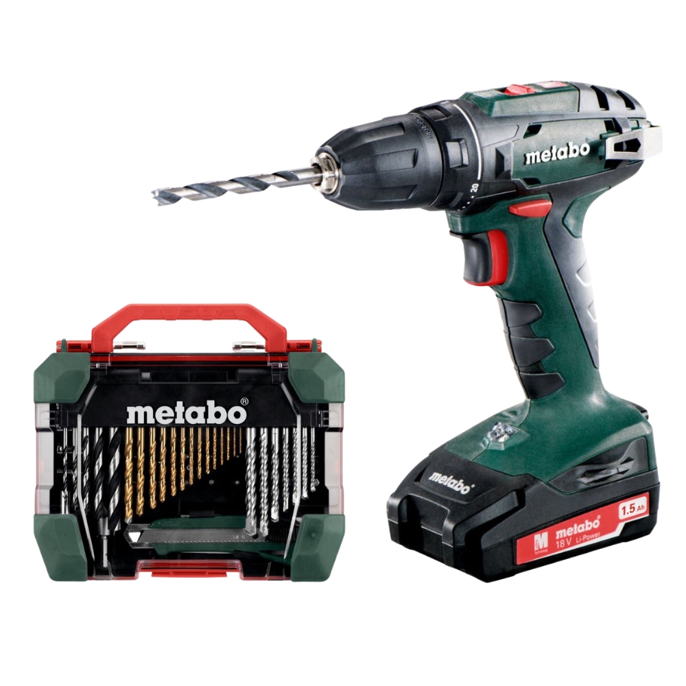 Metabo – Cordless Drill/ Screwdriver BS 18 with Drill Bit Set 55 Piece