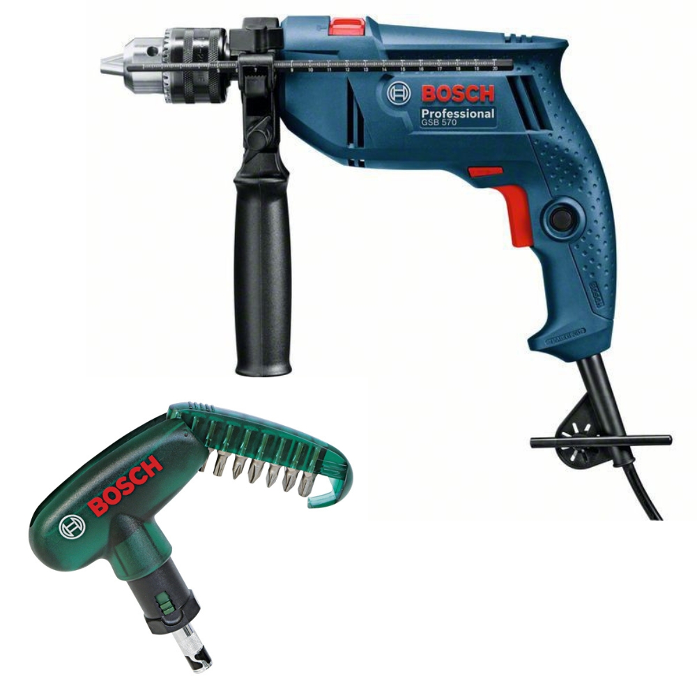 Bosch – Impact Drill (GSB 570) with 10 Piece Pocket Screwdriver Bit Set