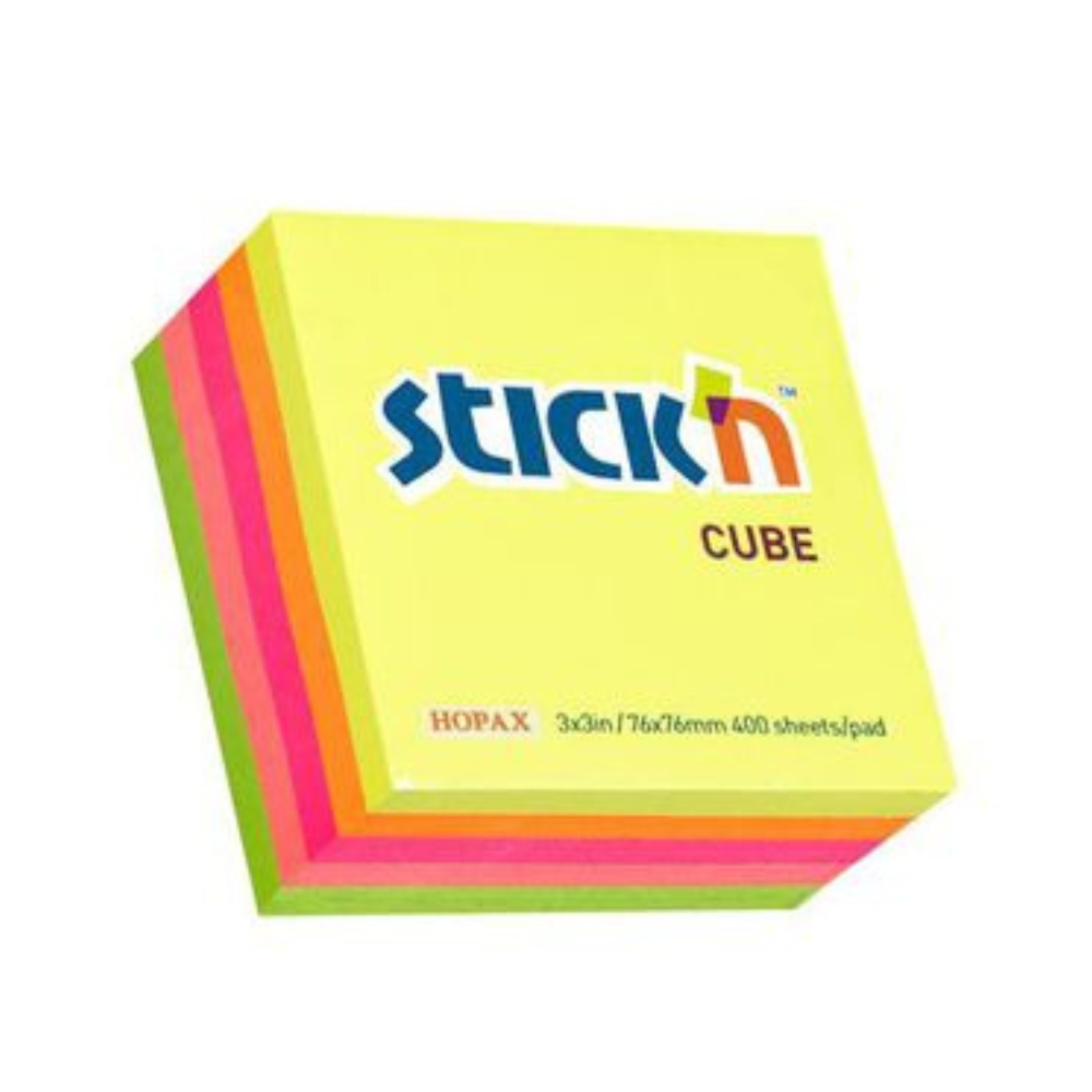 Stick’n – Neon Stripe Cubes (76 x 76mm), 400 sheets per pad – Box of 12