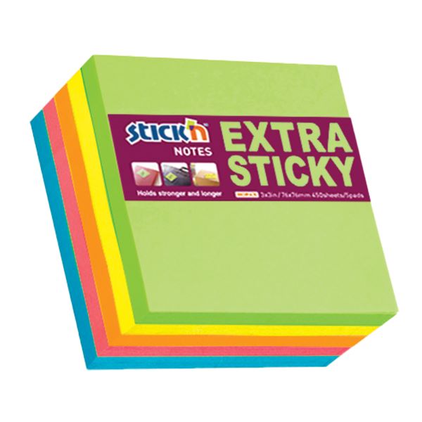 Stick’n – Extra Sticky 3 x 3 Neon Pads 90 Sheets Per Pad, 5 Pads Per Packet