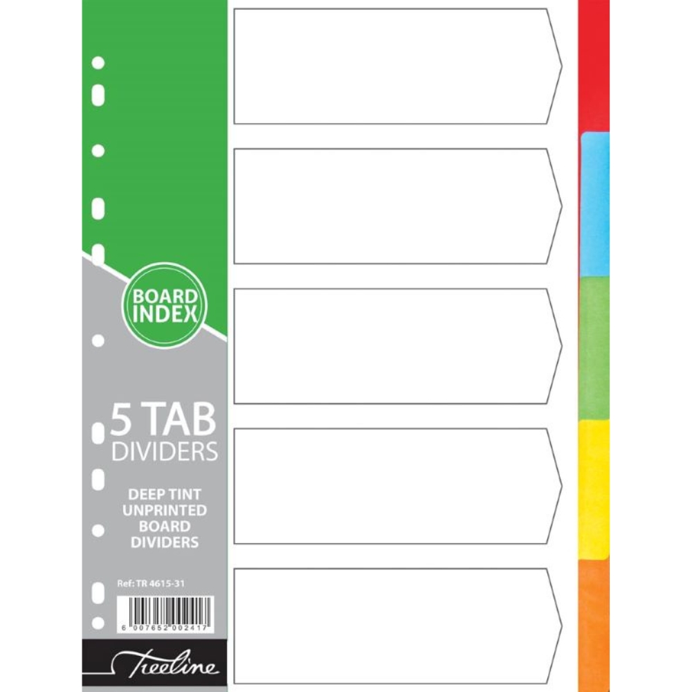 Treeline – 5 Tab Deep Tint Assorted Board Divider Plain – Pack of 10