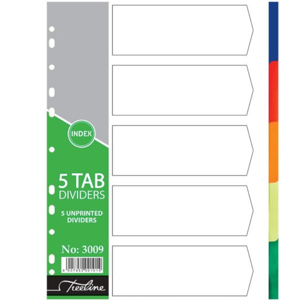 Treeline – A4 Index 5 Tab Rainbow Dividers A4 PVC – Printed – Pack of 10