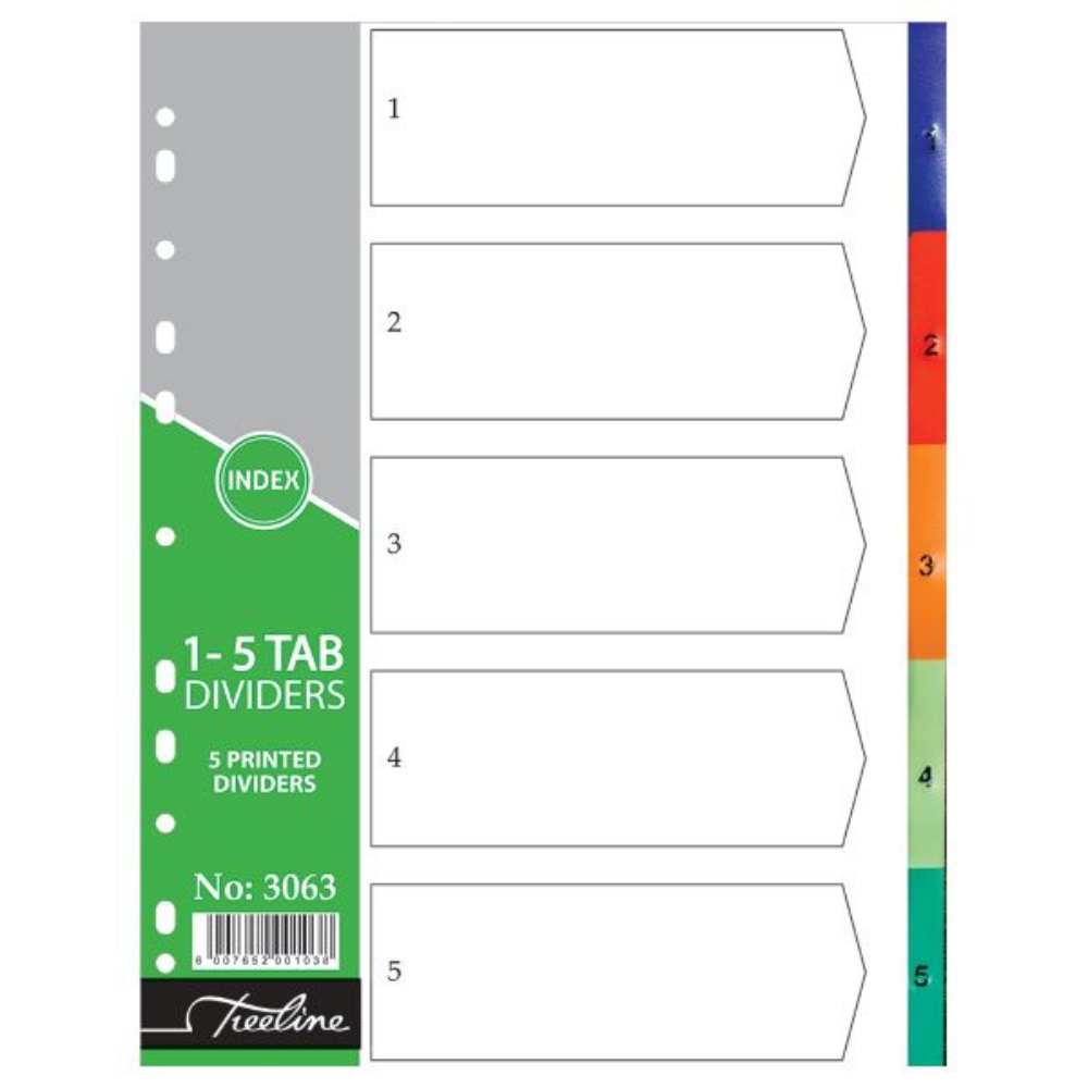 Treeline – A4 Index 1 to 5 Rainbow Dividers A4 PVC – Printed – Pack of 10