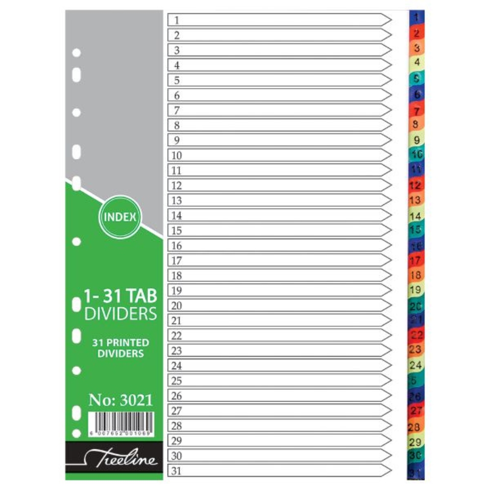 Treeline – A4 Index 1 to 31 Rainbow Dividers A4 PVC – Printed – Pack of 10