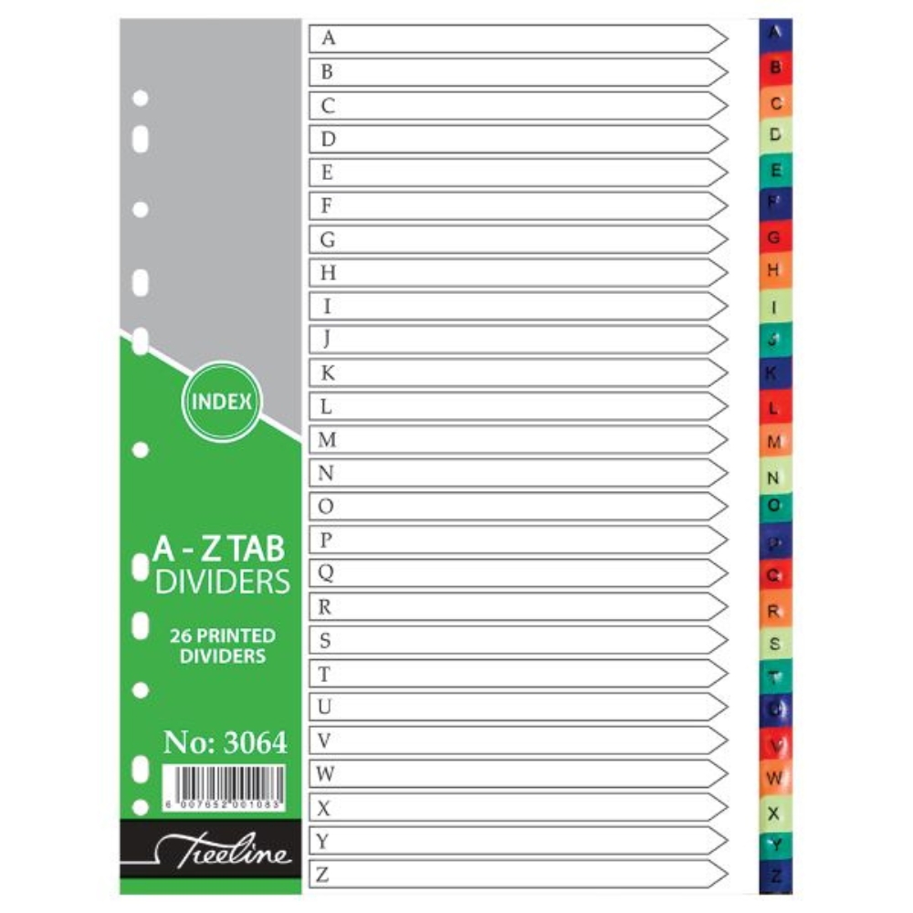 Treeline – A4 Index A – Z Rainbow 26 Part Dividers A4 PVC – Printed 10 Pack