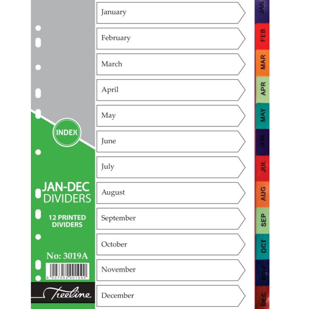 Treeline A4 Index January-December Rainbow Dividers A4 PVC – Printed Pack10