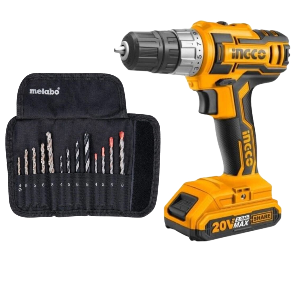 Ingco – Lithium-Ion Cordless Drill (20V) with 13Pc Drill Bit Assortment Set