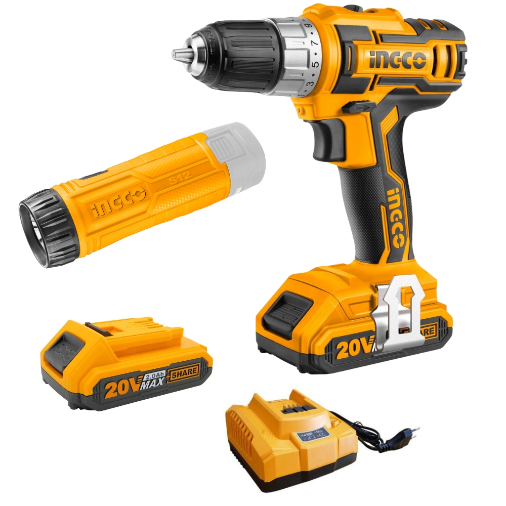 Ingco – Lithium Ion Cordless Drill (20V) with Lithium Ion Flashlight
