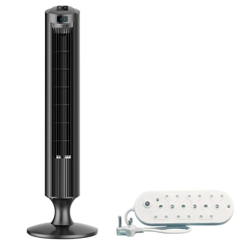 Taurus – Fan Turbo Tower Plastic Grey (45W) with 6 Way Multiplug (6 x 16A)