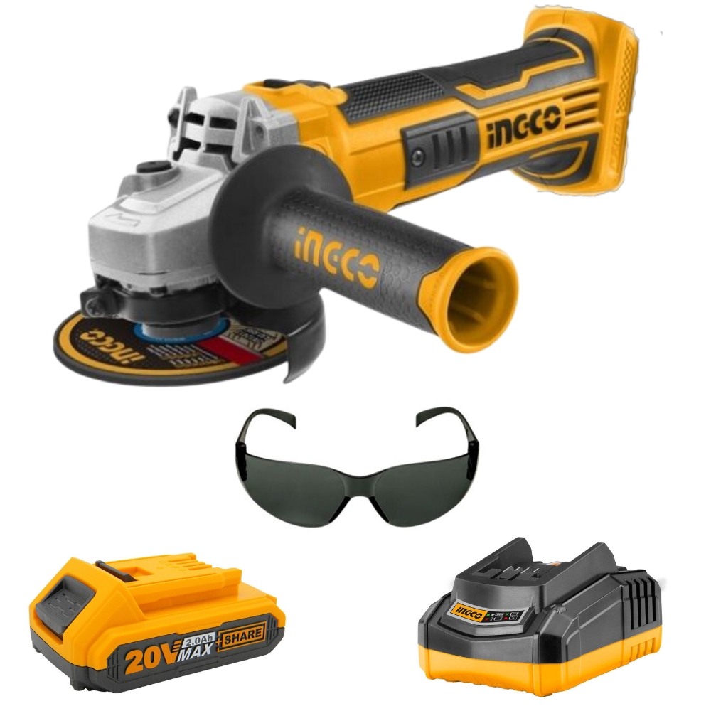 Ingco – Lithium Ion Angle Grinder +2.0Ah battery + Charger & Safety Eyewear