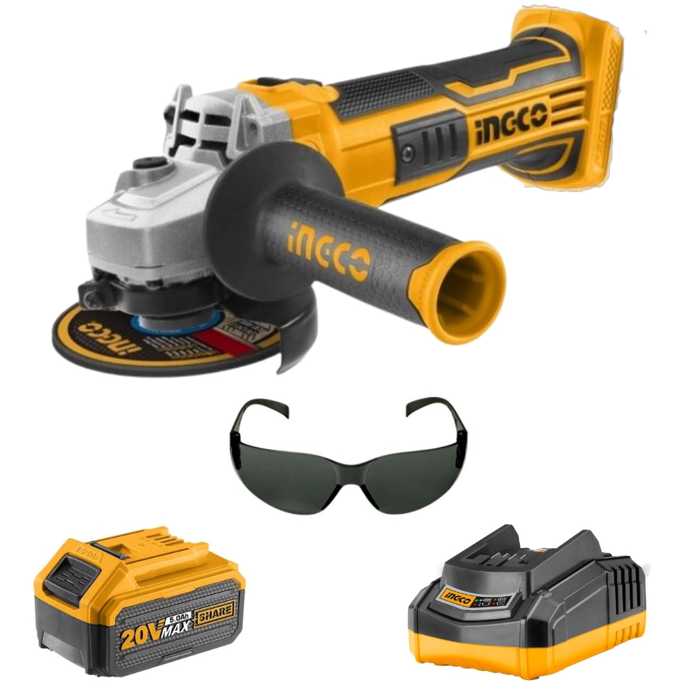 Ingco – Lithium Ion Angle Grinder (20V) & 5.0Ah Battery + Charger & Eyewear