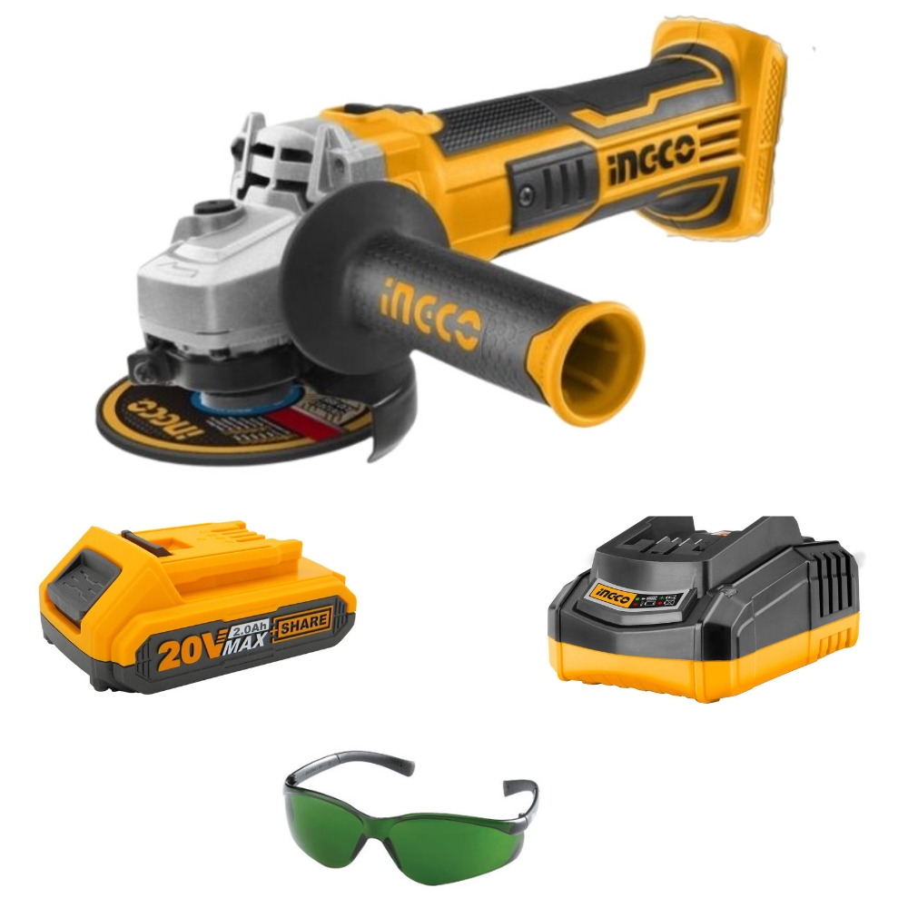 Ingco – Lithium Ion Angle Grinder 20V & 2.0Ah Battery + Charger & Eyewear