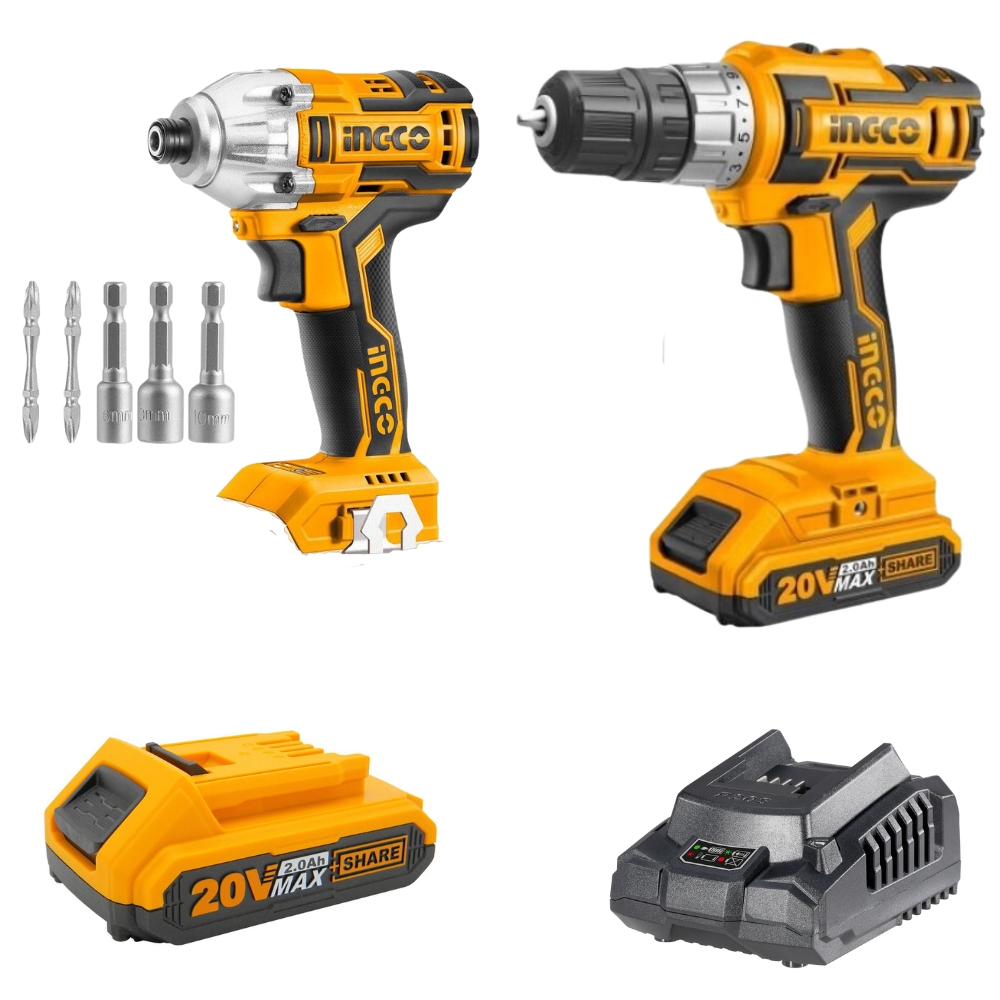 Ingco – Cordless Drill Inc Batteries & Charger with Brushless Impact Wrench