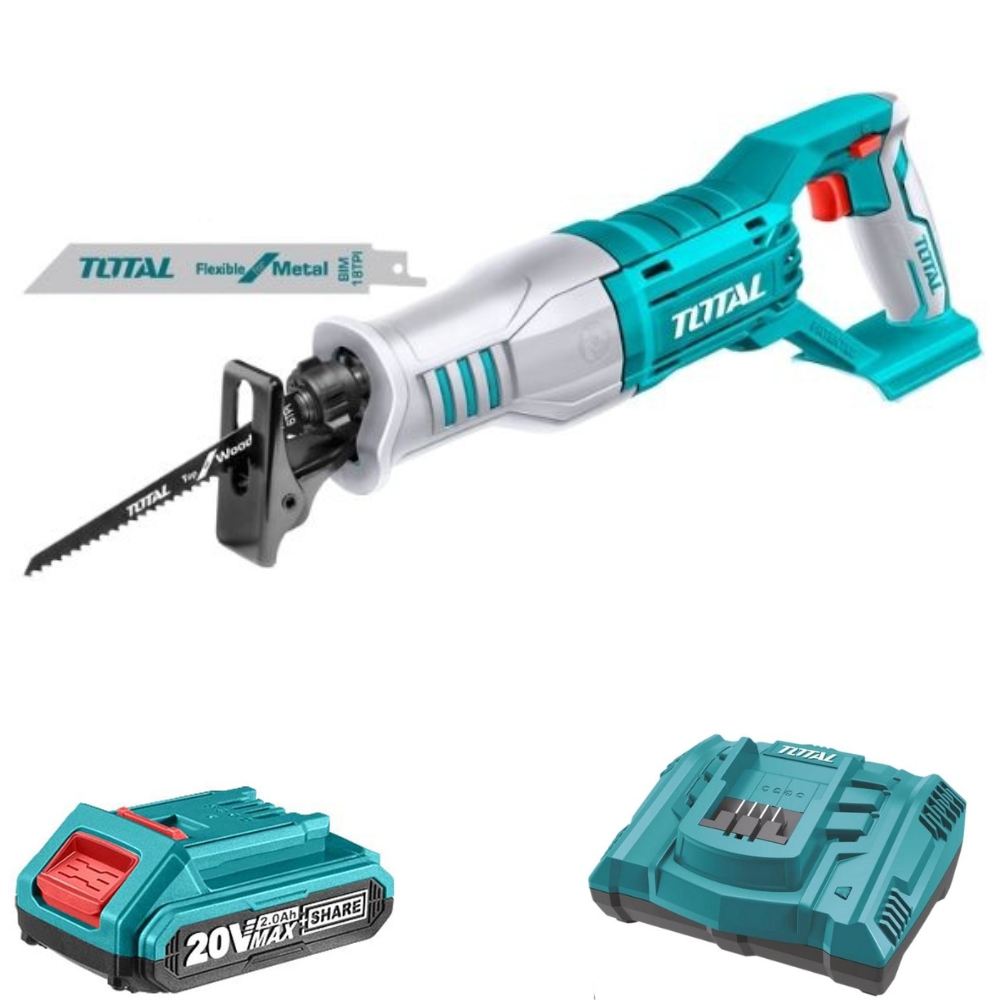 Total Tools – Reciprocating Saw with Saw Blades, 2.0Ah Battery, Charger