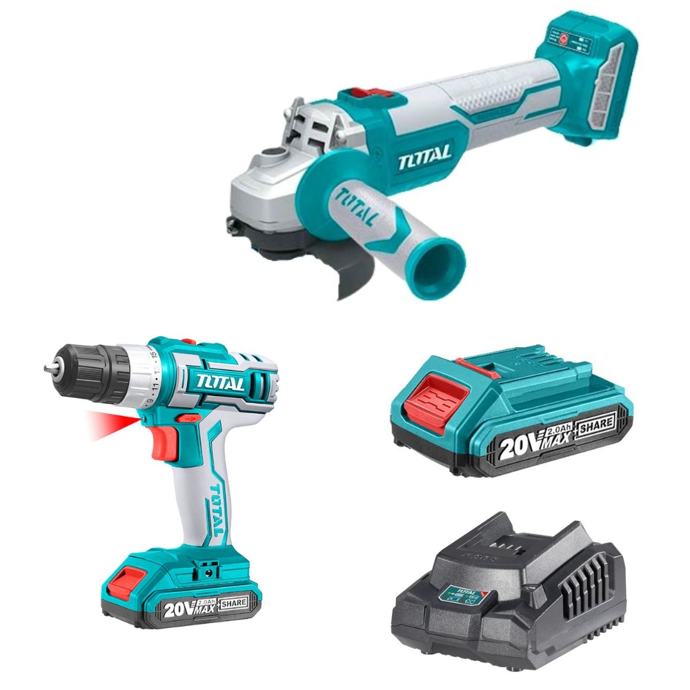 Total – Cordless Angle Grinder and Drill Kit with 2.0Ah Battery