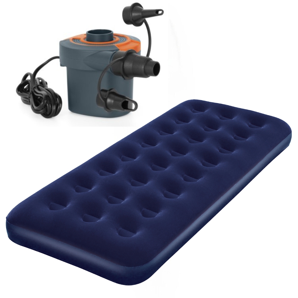 Bestway – Flocked Single Airbed – Blue with Sidewinder AC Air Pump
