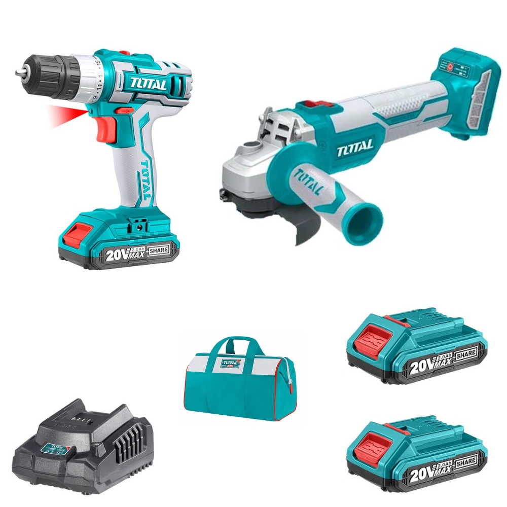 Total Tools – Angle Grinder with Cordless Drill, 2.0Ah Battery, Charger+Bag