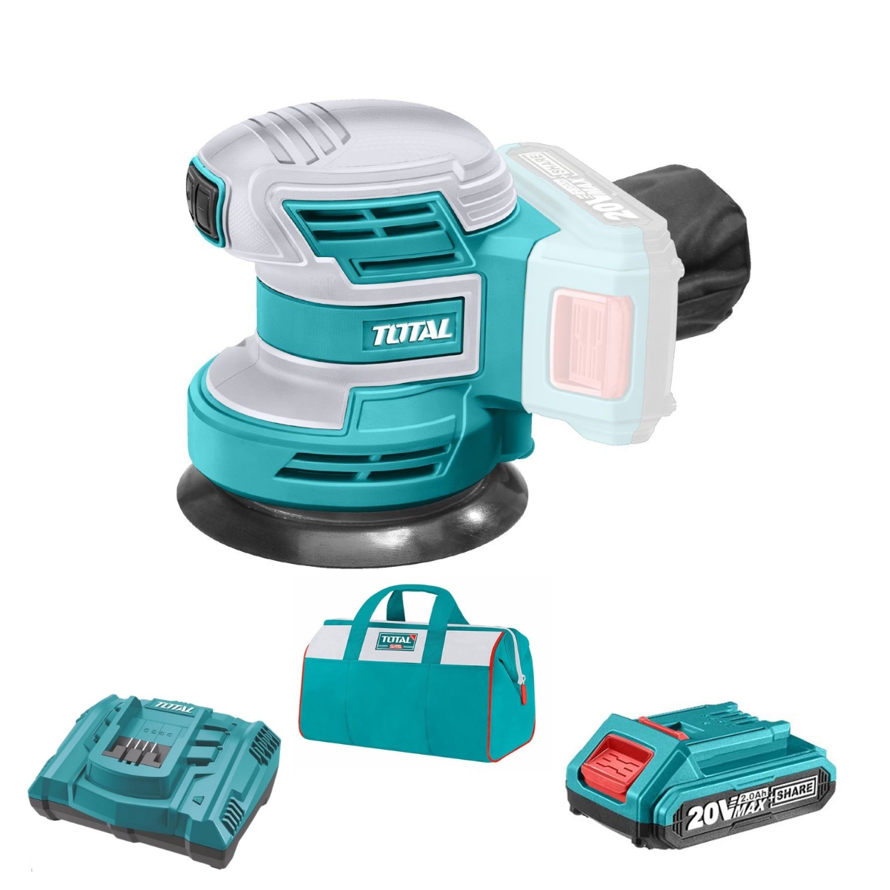 Total Tools – Random Orbital Sander with 2.0Ah Battery, Charger & Bag