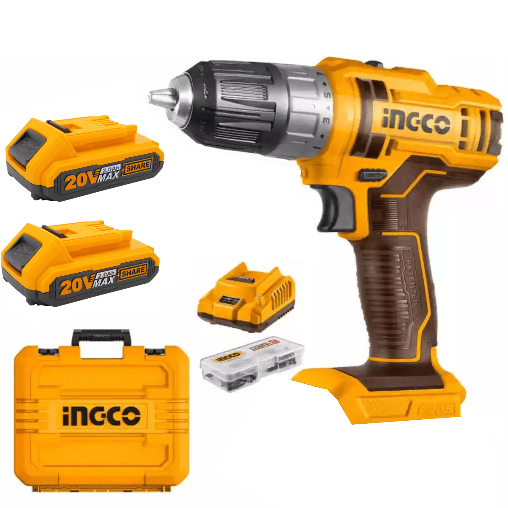 Ingco Cordless Drill Kit with 2x Battery pack(2Ah) + Charger