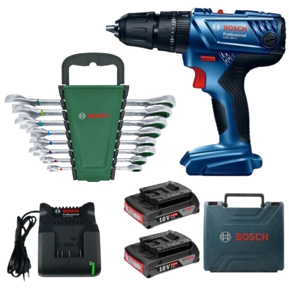 Bosch – GSB 180-LI Cordless Impact Drill with Combination Wrench Set – 8pc