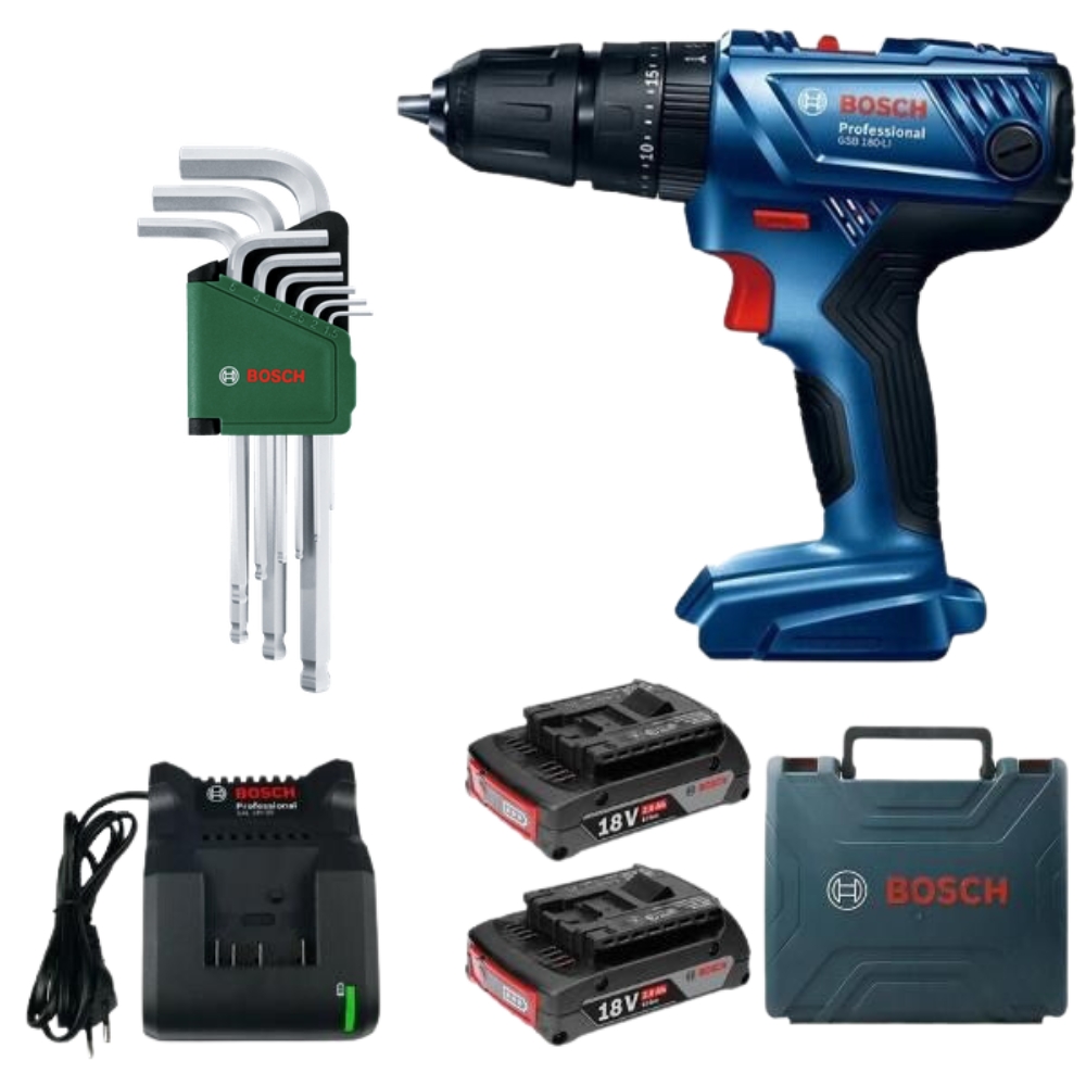 Bosch – GSB 180-LI Cordless 18v Impact Drill with 9-Piece – Hex Key Set