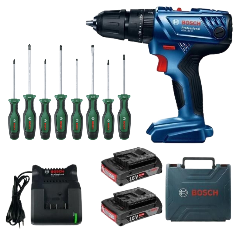 Bosch – GSB 180-LI Cordless 18v Impact Drill with Screwdriver Set – 8pc